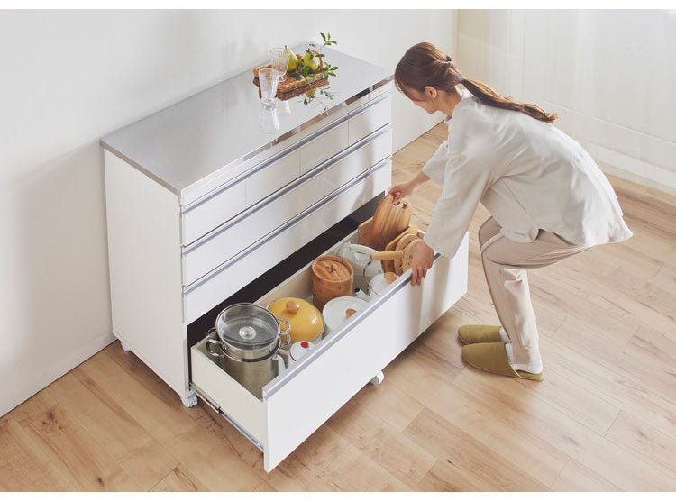 キッチンカウンター 間仕切り ステンレス天板 幅90 完成品 国産 背面化粧仕上げ 鏡面仕上げ 【開梱設置無料】 キャスター付き 4段 レンジ台 レンジラック 食器棚 キッチンワゴン(代引不可)