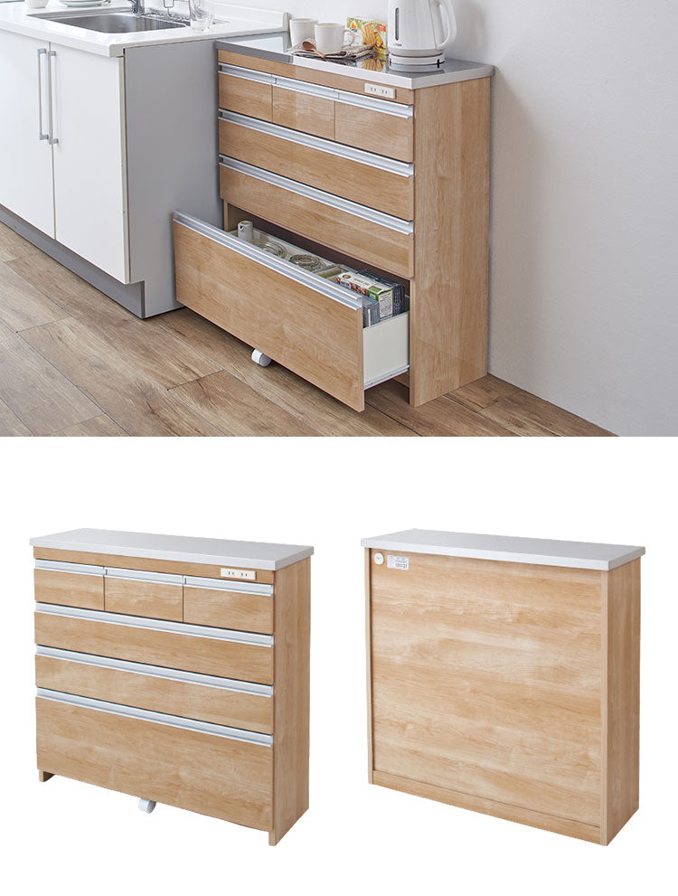 【完成品 日本製】キッチンカウンター ステンレス天板 幅90 高さ85 4段 背面化粧仕上げ 鏡面仕上げ 間仕切り オープンスライド 完成品 国産 テーブル 食器棚 キッチンボード 引き出し(代引不可)