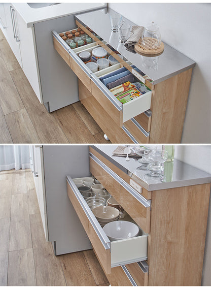 【完成品 日本製】キッチンカウンター ステンレス天板 幅90 高さ85 4段 背面化粧仕上げ 鏡面仕上げ 間仕切り オープンスライド 完成品 国産 テーブル 食器棚 キッチンボード 引き出し(代引不可)