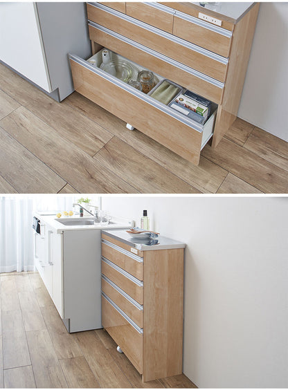 【完成品 日本製】キッチンカウンター ステンレス天板 幅90 高さ85 4段 背面化粧仕上げ 鏡面仕上げ 間仕切り オープンスライド 完成品 国産 テーブル 食器棚 キッチンボード 引き出し(代引不可)