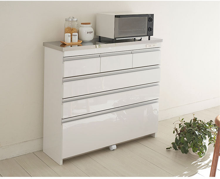 【完成品 日本製】キッチンカウンター ステンレス天板 幅90 高さ85 4段 背面化粧仕上げ 鏡面仕上げ 間仕切り オープンスライド 完成品 国産 テーブル 食器棚 キッチンボード 引き出し(代引不可)