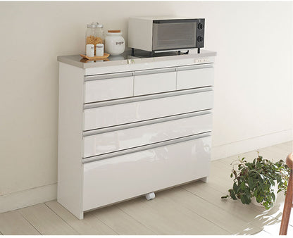 【完成品 日本製】キッチンカウンター ステンレス天板 幅90 高さ85 4段 背面化粧仕上げ 鏡面仕上げ 間仕切り オープンスライド 完成品 国産 テーブル 食器棚 キッチンボード 引き出し(代引不可)