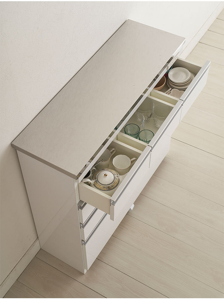 【完成品 日本製】キッチンカウンター ステンレス天板 幅90 高さ85 4段 背面化粧仕上げ 鏡面仕上げ 間仕切り オープンスライド 完成品 国産 テーブル 食器棚 キッチンボード 引き出し(代引不可)