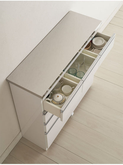 【完成品 日本製】キッチンカウンター ステンレス天板 幅90 高さ85 4段 背面化粧仕上げ 鏡面仕上げ 間仕切り オープンスライド 完成品 国産 テーブル 食器棚 キッチンボード 引き出し(代引不可)