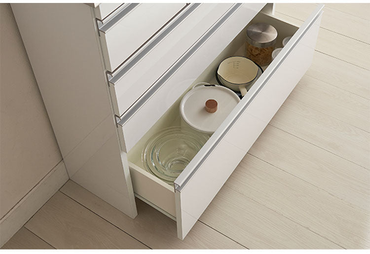 【完成品 日本製】キッチンカウンター ステンレス天板 幅90 高さ85 4段 背面化粧仕上げ 鏡面仕上げ 間仕切り オープンスライド 完成品 国産 テーブル 食器棚 キッチンボード 引き出し(代引不可)