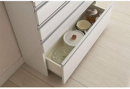 【完成品 日本製】キッチンカウンター ステンレス天板 幅90 高さ85 4段 背面化粧仕上げ 鏡面仕上げ 間仕切り オープンスライド 完成品 国産 テーブル 食器棚 キッチンボード 引き出し(代引不可)