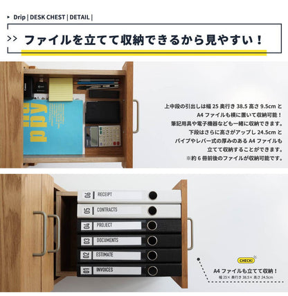デスクチェスト 幅34cm 収納 天然木 おしゃれ 北欧 スチール キャスター付き サイドチェスト サイドワゴン オフィス 家具 学習机 PCデスク(代引不可)