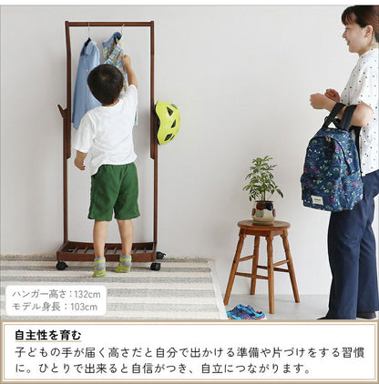 ハンガーラック 高さ調節 5段階 スリム キャスター付 棚 ランドセル フック 子供 キッズ 大人 幅58.5 奥行38.5 木製 おしゃれ 服掛け コート掛け(代引不可)(代引不可)