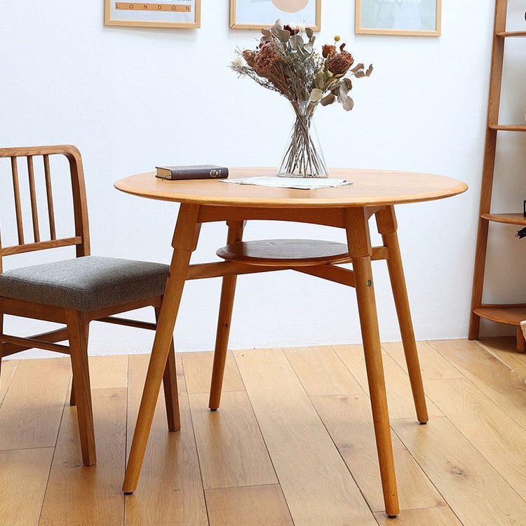 ダイニングテーブル 円形 棚付き 幅90cm 4本脚 アジャスター付き 木製 天然木 丸テーブル カフェテーブル オーク おしゃれ リビング ダイニング 円形テーブル T-3743(代引不可)