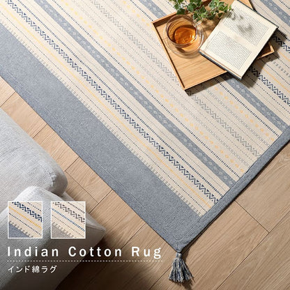 ラグ 正方形 インド綿 3畳 185×240cm 吸湿性 シンプル ナチュラル 幾何学 ボーダー タッセル付き コンパクト ホットカーペット対応 床暖房対応 オールシーズン(代引不可)