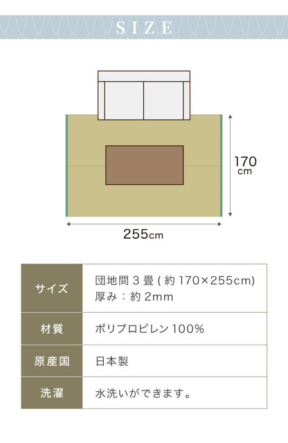 洗える い草調 カーペット ダイニング ラグ 団地間3畳(約170×255cm) 長方形 敷詰 上敷き 丈夫 日本製 国産 除菌スプレー対応 ござ アウトドア ペット 犬 猫(代引不可)