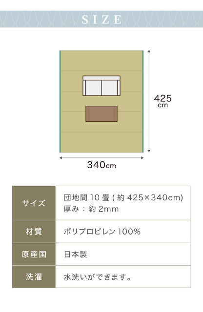 洗える い草調 カーペット ダイニング ラグ 団地間10畳(約425×340cm) 長方形 敷詰 上敷き 丈夫 日本製 国産 除菌スプレー対応 ござ アウトドア ペット 犬 猫(代引不可)