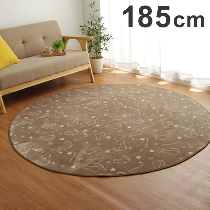 ラグ カーペット 約185cm 円形 洗える アニマル柄 ネコ柄 キャット柄 ホットカーペット 床暖房 フランネル オールシーズン おしゃれ かわいい 北欧 抗菌 防臭 丸洗い 洗濯可能 丸形(代引不可)