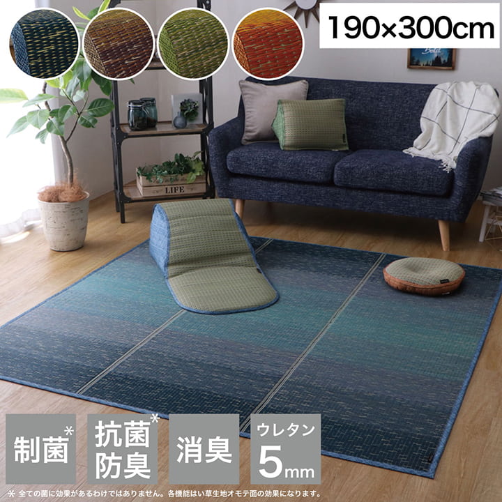 ラグ 190×300cm 小林製薬 持続性抗菌剤 KOBA-GUARD 制菌 抗菌防臭 滑り止め ウレタン 不織布 夏 い草 グラデーション(代引不可)