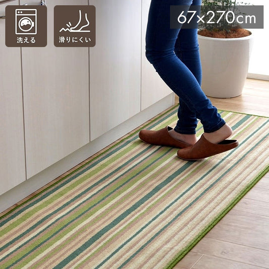 キッチンマット 洗える 滑り止め 多サイズ シンプルデザイン 約67×270cm グリーン ドーナ(代引不可)