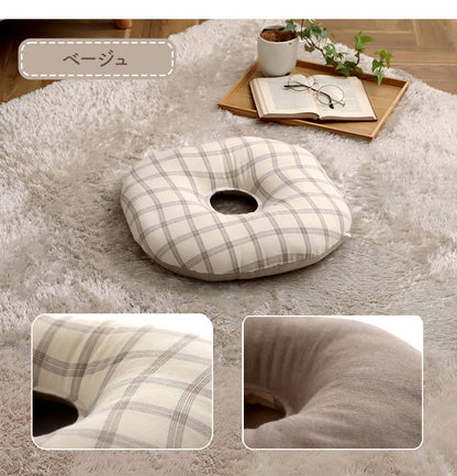 オーガニックコットン シートクッション 円形 円座 穴あき 洗える 日本製 綿100% チェック 約35cm丸 おしゃれ かわいい マタニティ 妊婦 ママ ギフト プレゼント エミリー(代引不可)