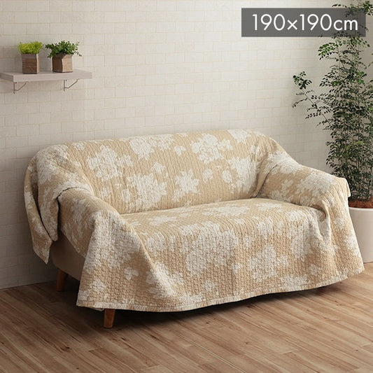 マルチカバー おしゃれ 洗える 正方形 約190×190cm ベージュ 綿 花 水洗いキルト リバーシブル ベッドスプレッド こたつカバー ソファカバー ホットカーペットカバー フローラ(代引不可)