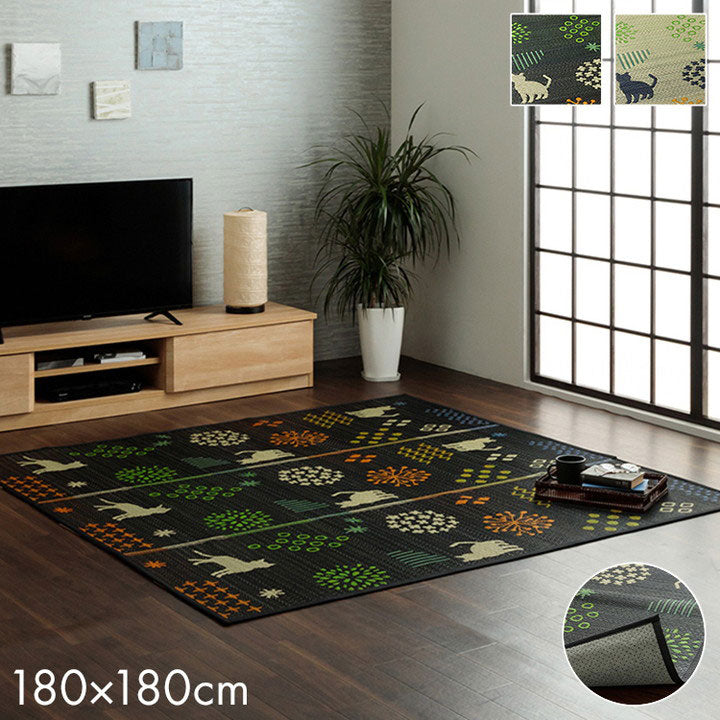 い草ラグ 猫柄 花柄 猫 インテリア 節電 夏用 涼しい おしゃれ おすすめ 湿度調節 消臭効果 お手入れ簡単 ブラック 約180×180cm はなねこ(代引不可)