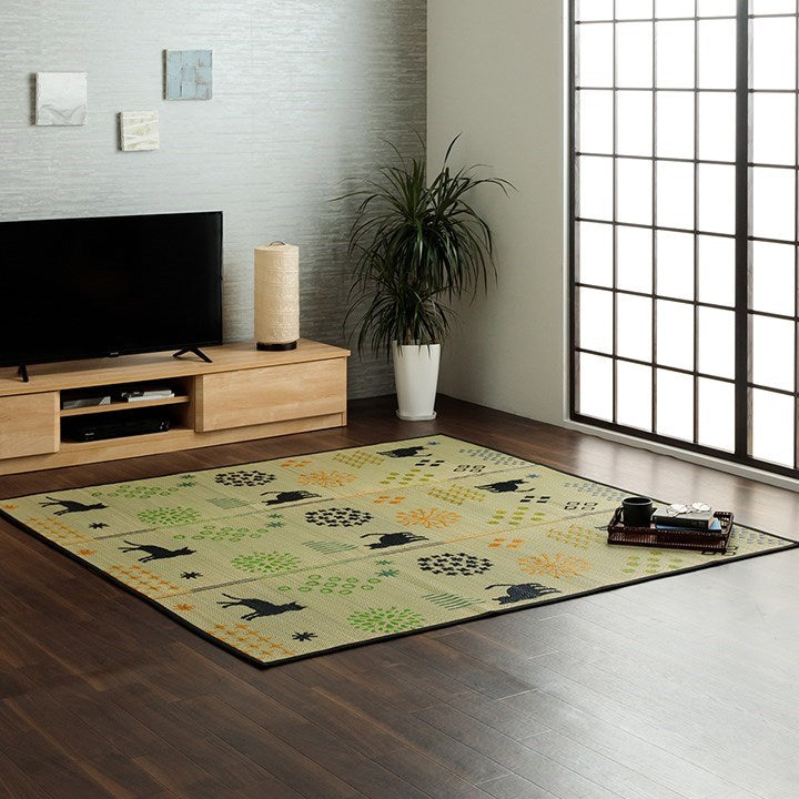 い草ラグ 猫柄 花柄 猫 インテリア 節電 夏用 涼しい おしゃれ おすすめ 湿度調節 消臭効果 お手入れ簡単 ブラック 約180×180cm はなねこ(代引不可)