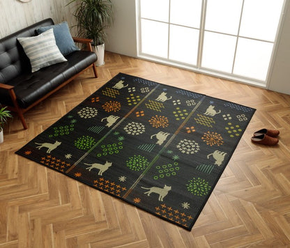 い草ラグ 猫柄 花柄 猫 インテリア 節電 夏用 涼しい おしゃれ おすすめ 湿度調節 消臭効果 お手入れ簡単 ブラック 約180×240cm はなねこ(代引不可)