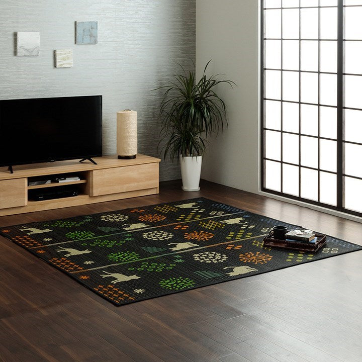 い草ラグ 猫柄 花柄 猫 インテリア 節電 夏用 涼しい おしゃれ おすすめ 湿度調節 消臭効果 お手入れ簡単 ブラック 約180×240cm はなねこ(代引不可)