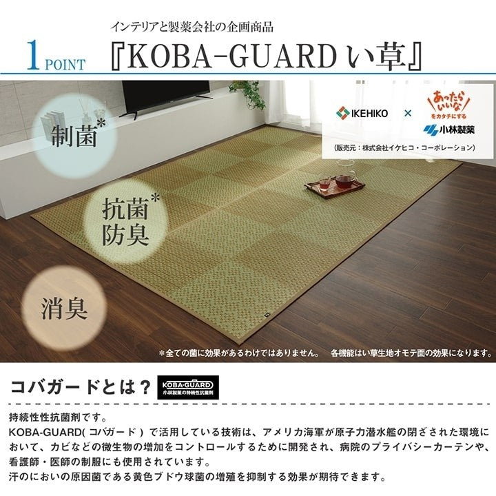 敷物 花ござ 国産 純国産 日本製 小林製薬 持続性抗菌剤 KOBA-GUARD 制菌 抗菌防臭 夏 い草 市松 モダン 滑り止め 不織布 グリーン 江戸間3畳 約174×261cm ラウム(代引不可)