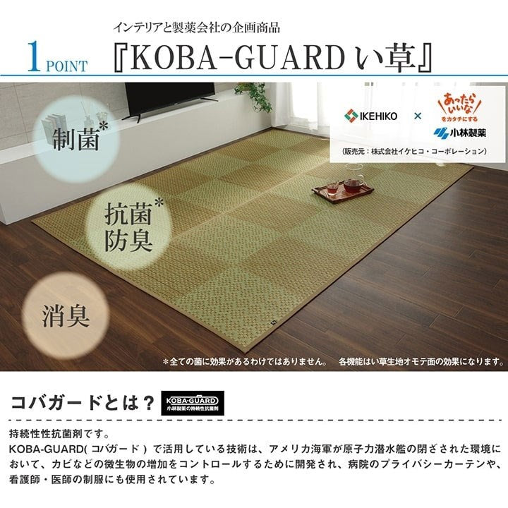 敷物 花ござ 国産 純国産 日本製 小林製薬 持続性抗菌剤 KOBA-GUARD 制菌 抗菌防臭 夏 い草 市松 モダン 滑り止め 不織布 グレー 江戸間6畳 約261×352cm ラウム(代引不可)
