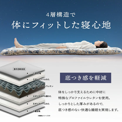 敷布団 マットレス シングルロング 100×210cm 4層敷布団 ボリュームマットレス 軽量 バーシブル 三つ折りピーチスキン加工 体圧分散 ふとん 収納 折りたたみ(代引不可)