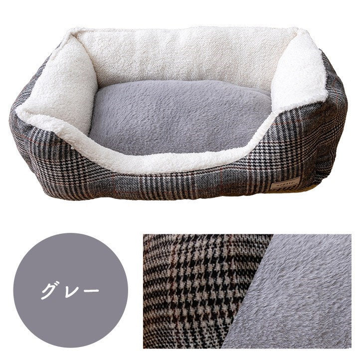ペット 犬 猫 ベッド スクエア あったか 冬 保温シート フェイクファー ボア ツイード柄 滑り止め付き ブラウン M 約46×31×17cm バラン(代引不可)