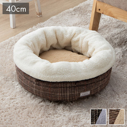 ペット 犬 猫 ベッド ラウンド あったか 冬 保温シート フェイクファー ボア ツイード柄 滑り止め付き ブラウン M 約40cm丸 バラン(代引不可)