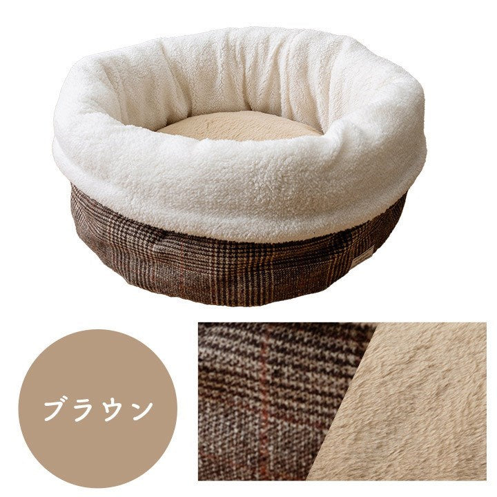 ペット 犬 猫 ベッド ラウンド あったか 冬 保温シート フェイクファー ボア ツイード柄 滑り止め付き ブラウン M 約40cm丸 バラン(代引不可)