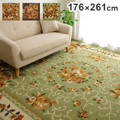 ナイロン 花柄 カーペット 江戸間3畳約176×261cm 撥水 速乾 グリーン エレガント 絨毯 じゅうたん マット インテリア 北欧 おしゃれ オールシーズン 新生活 高級感(代引不可)