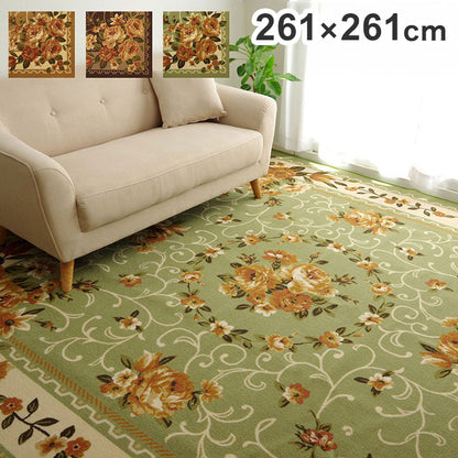 ナイロン 花柄 カーペット 江戸間4.5畳約261×261cm 撥水 速乾 グリーン エレガント 絨毯 じゅうたん マット インテリア 北欧 おしゃれ オールシーズン 新生活 高級感(代引不可)