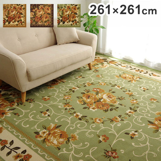 ナイロン 花柄 カーペット 江戸間4.5畳約261×261cm 撥水 速乾 グリーン エレガント 絨毯 じゅうたん マット インテリア 北欧 おしゃれ オールシーズン 新生活 高級感(代引不可)