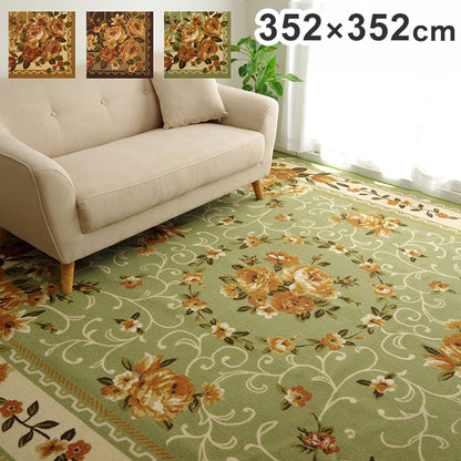 ナイロン 花柄 カーペット 江戸間8畳約352×352cm 撥水 速乾 グリーン エレガント 絨毯 じゅうたん マット インテリア 北欧 おしゃれ オールシーズン 新生活 高級感(代引不可)