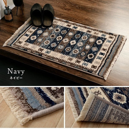 玄関マット ウィルトン織 キリム柄 ベッドサイド用 ソファー前用 約50×80cm ネイビー プルメリア(代引不可)