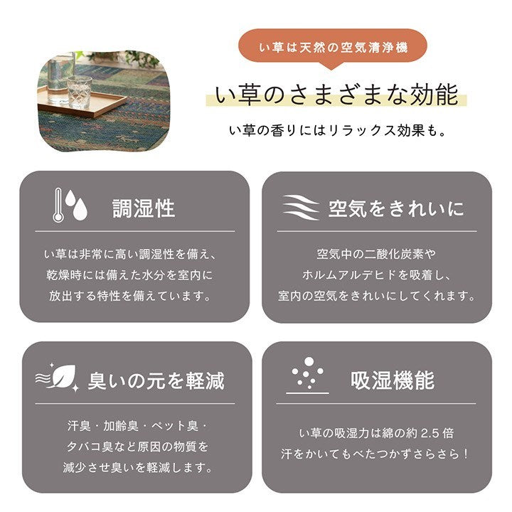 ラグ い草 ギャベ 自然素材 抗菌防臭 滑り止め不織布 ブルー 約191×191cm トロイ(代引不可)