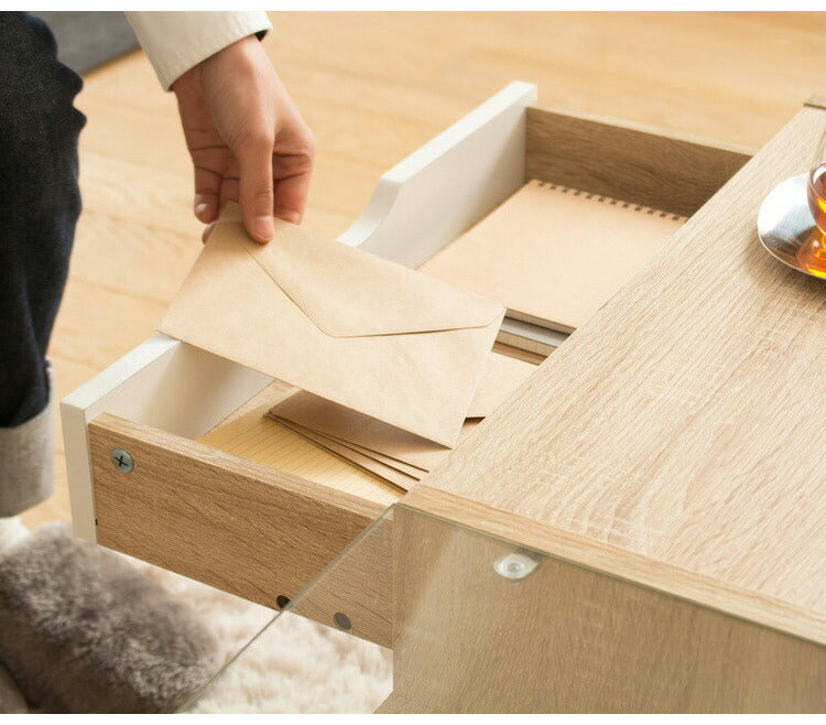 センターテーブル 引き出し付き ガラス天板 幅80cm ROAR ロアー 引き出し リビングテーブル 収納付き ローテーブル センターテーブル 79×45cm リビングテーブル(代引不可)