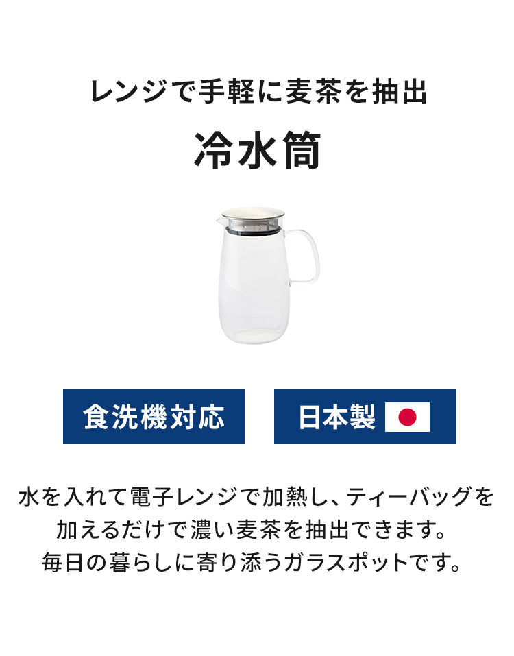日本製 冷水筒 1L 麦茶 ピッチャー フィルター付き 食洗機対応 電子レンジOK ステンレス蓋 レンジでかんたん 麦茶ポット 耐熱ガラス 洗いやすい 広口 茶こし お茶 冷蔵庫ドア 365methods おしゃれ