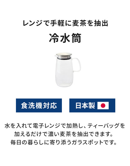日本製 冷水筒 1L 麦茶 ピッチャー フィルター付き 食洗機対応 電子レンジOK ステンレス蓋 レンジでかんたん 麦茶ポット 耐熱ガラス 洗いやすい 広口 茶こし お茶 冷蔵庫ドア 365methods おしゃれ
