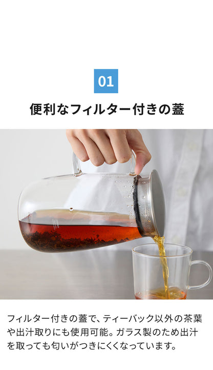 日本製 冷水筒 1L 麦茶 ピッチャー フィルター付き 食洗機対応 電子レンジOK ステンレス蓋 レンジでかんたん 麦茶ポット 耐熱ガラス 洗いやすい 広口 茶こし お茶 冷蔵庫ドア 365methods おしゃれ