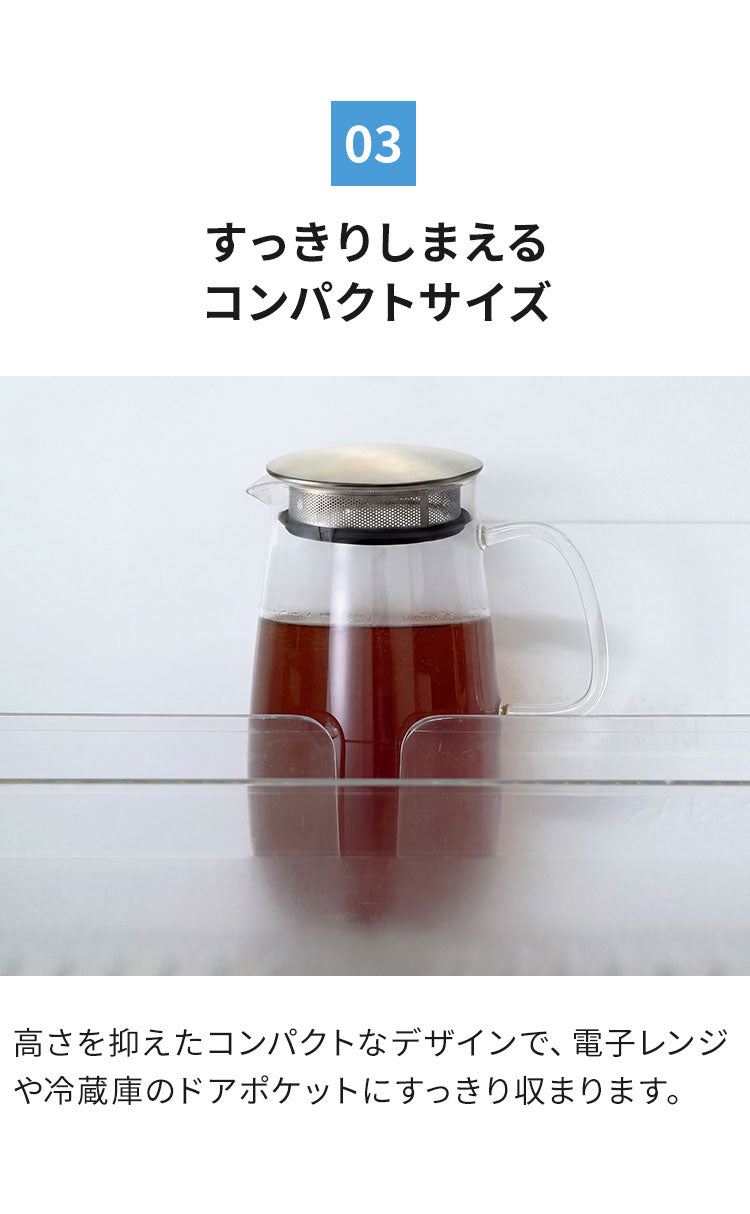 日本製 冷水筒 1L 麦茶 ピッチャー フィルター付き 食洗機対応 電子レンジOK ステンレス蓋 レンジでかんたん 麦茶ポット 耐熱ガラス 洗いやすい 広口 茶こし お茶 冷蔵庫ドア 365methods おしゃれ