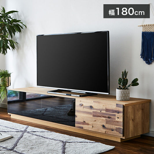 テレビボード 幅180cm ブラックガラス ガラス扉 アカシア無垢材 天然木 日本製 フルオープンレール ナチュラル コード穴付き おしゃれ 北欧 ヴィンテージ 一人暮らし(代引不可)