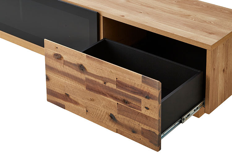 テレビボード 幅180cm ブラックガラス ガラス扉 アカシア無垢材 天然木 日本製 フルオープンレール ナチュラル コード穴付き おしゃれ 北欧 ヴィンテージ 一人暮らし(代引不可)