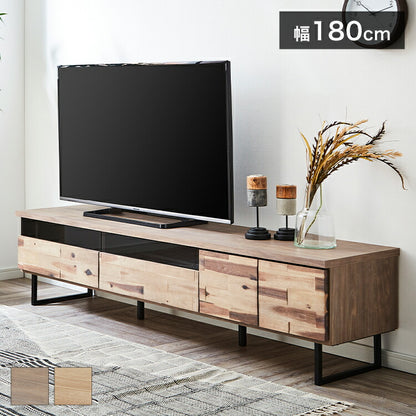テレビ台 幅180cm アカシア無垢材 天然木 日本製 おしゃれ 北欧 フルオープンレール ガラス扉 コード穴付き アイアン テレビボード TV台 TVボード ローボード AV収納 ナチュラル グレージュ(代引不可)