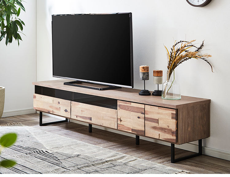 テレビ台 幅180cm アカシア無垢材 天然木 日本製 おしゃれ 北欧 フルオープンレール ガラス扉 コード穴付き アイアン テレビボード TV台 TVボード ローボード AV収納 ナチュラル グレージュ(代引不可)