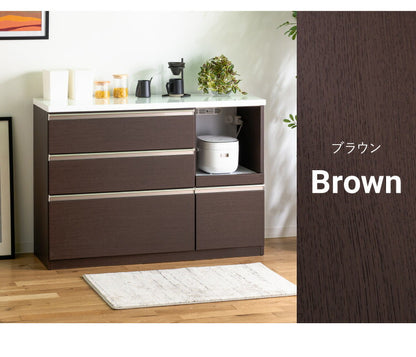 キッチンカウンター 120 間仕切り 背面化粧仕上げ 完成品 幅120cm 鏡面 モイス加工 コンセント付き キッチン 収納 シンプル ナチュラル 食器棚 テーブル レンジ台 レンジラック ブラウン ホワイト (代引不可)