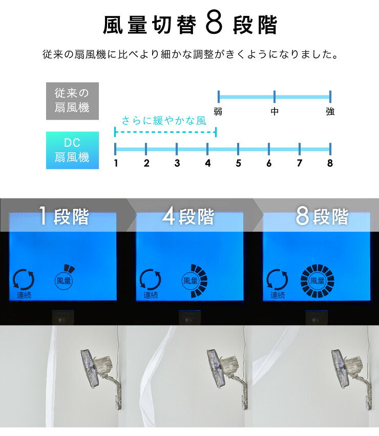 扇風機 壁掛け DC扇風機 大理石調 30cm リモコン式 8の字首振り 立体首振り タイマー機能付 5枚羽根 風量8段階 リビング扇風機