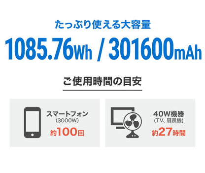 ポータブル電源 1000Wh 大容量 301600mAh 家庭用 小型 正弦波 AC電源 防災 災害 キャンプ アウトドア 車中泊 蓄電池 非常用電源 充電池 バッテリー 発電機 充電器 エスケイジャパン SKJ-MT1000SB