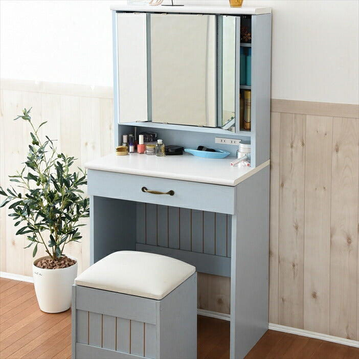 フレンチカントリー 三面鏡 ドレッサー コンセント付き 幅60 隠し収納庫付 椅子 付き メイク ドレッサー 収納 3面鏡 化粧台 姫(代引不可)